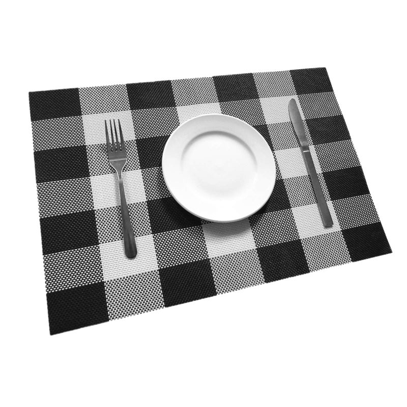 Ukeler Placemats Set of 6- Buffalo Check Placemats Crossweave Plaid Woven Placemats Washable Kitchen Table Mats, Black and White - Image 1